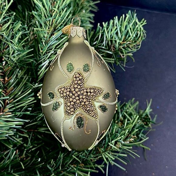 Department 56 Poland Glass Christmas Tree Ornament Olive Green Beaded - Picture 2 of 10